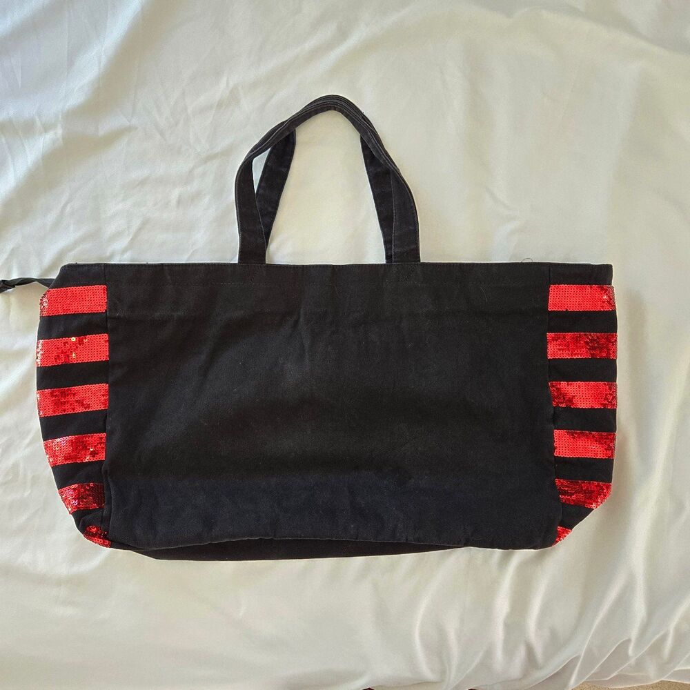 Victorias Secret Tote Bag 2000's Y2K Size XL Black Canvas Red Sequin Lip Design - Picture 8 of 9
